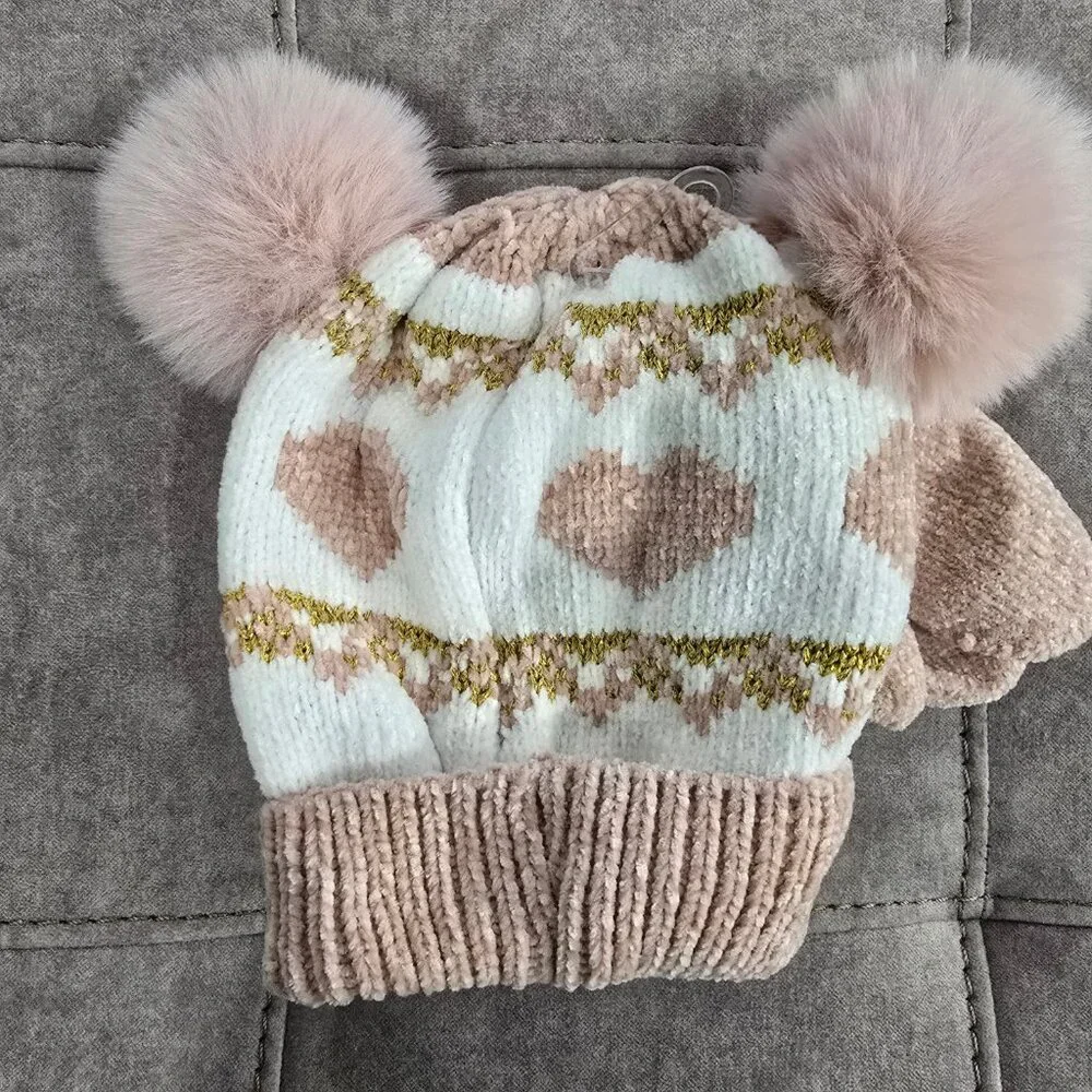 NWT Toby & Me Toddler Double Pom Hat and Mitten Set